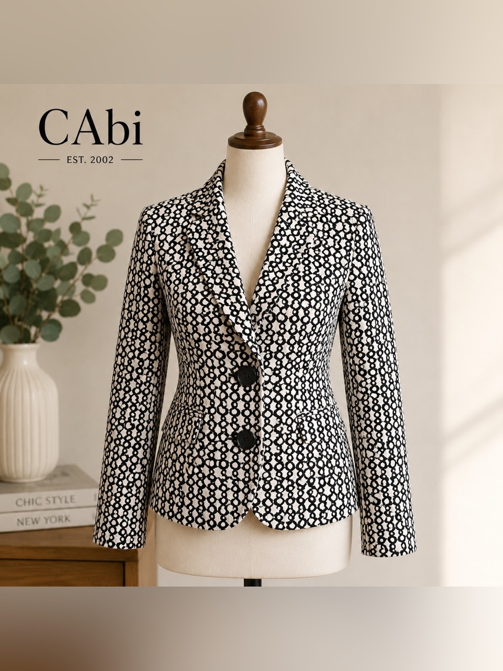 CAbi Black White Geometric Blazer Tailored Statement Jacket Office Siren